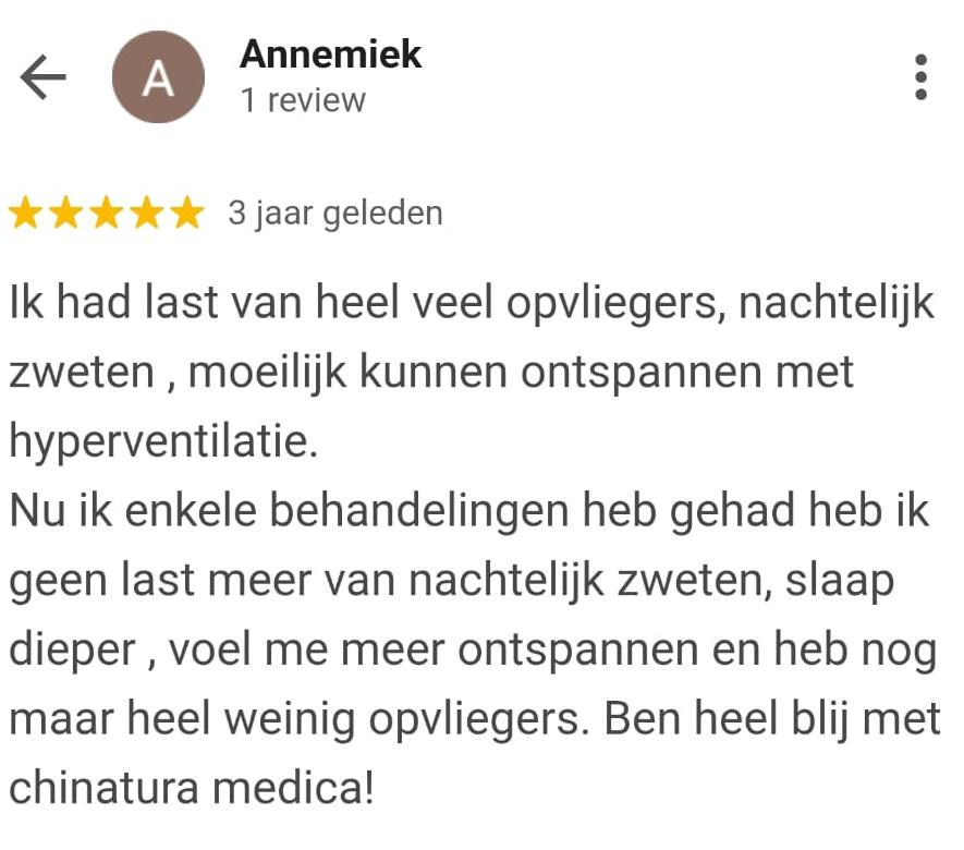 Google-review van Annemiek over overgangsklachten en slapen