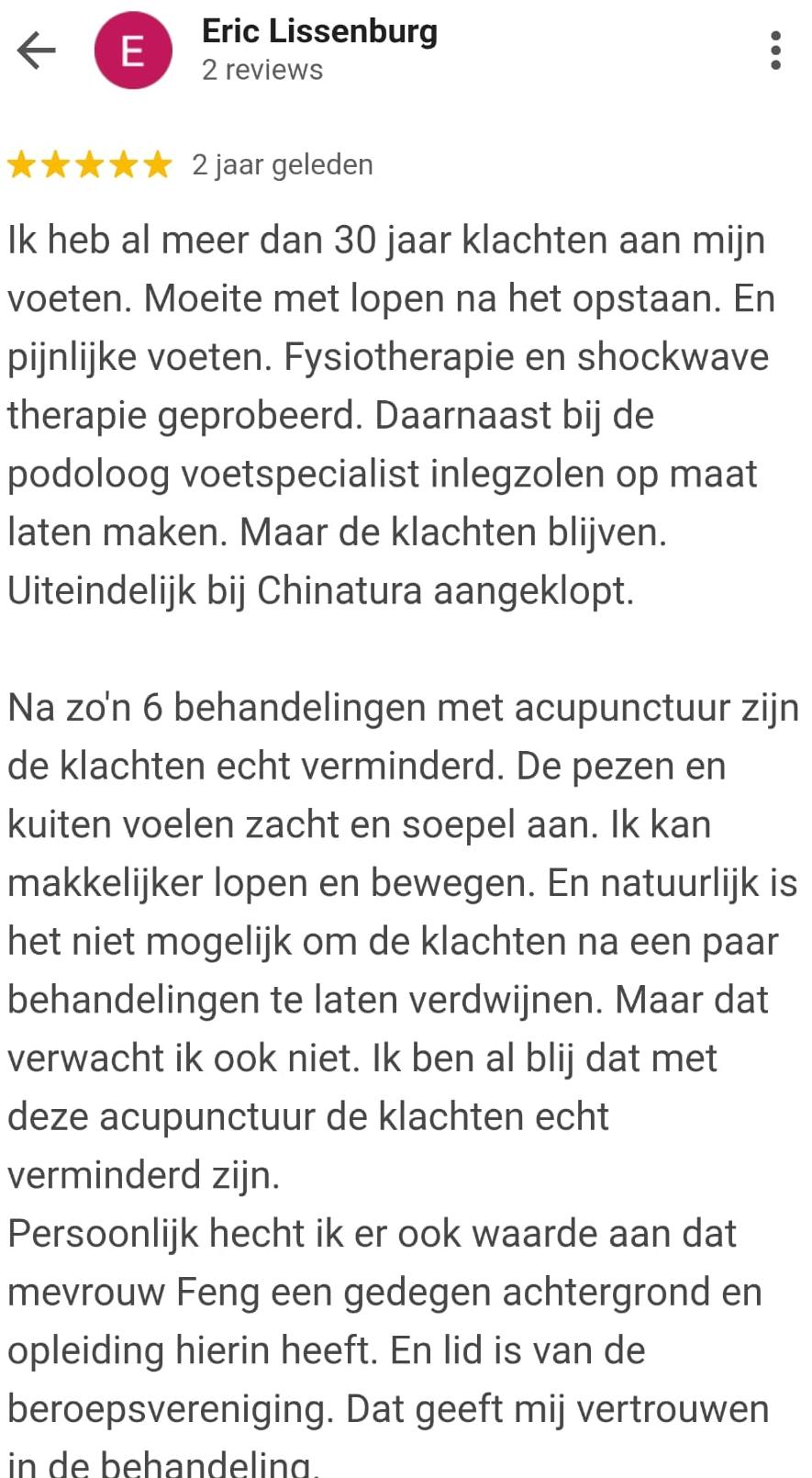 Google-review van Eric Lissenburg over langdurige voetklachten