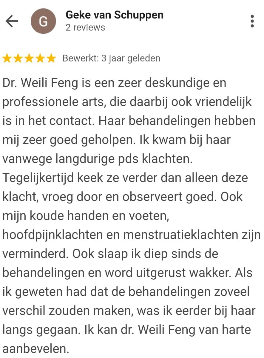 Google-review van Geke van Schuppen over PDS, menstruatieklachten en slapen
