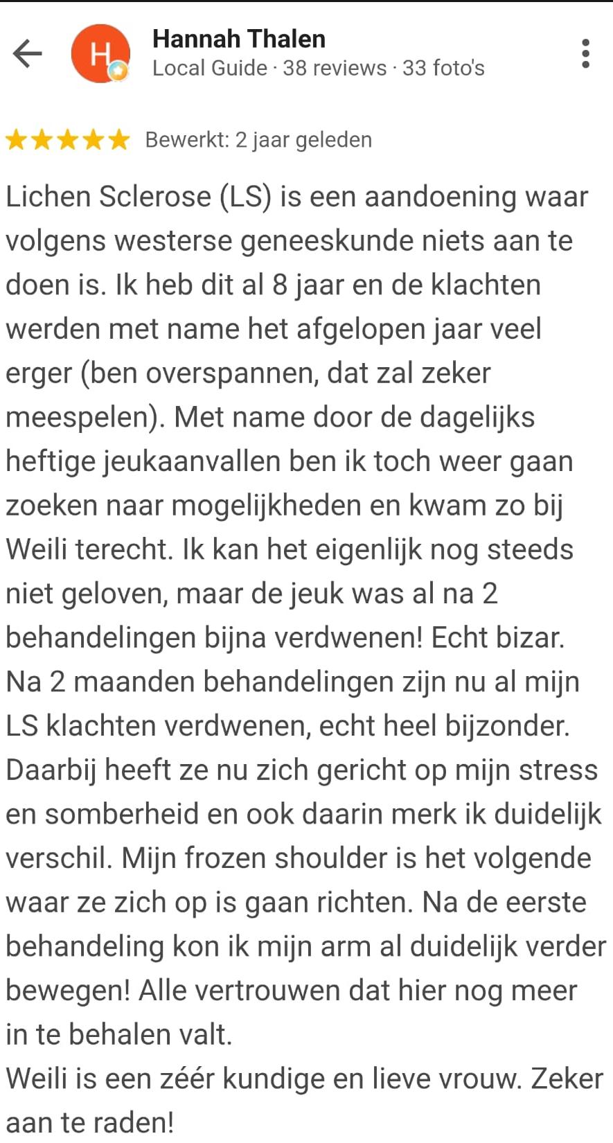 Google-review van Hannah Thalen over Lichen Sclerosus