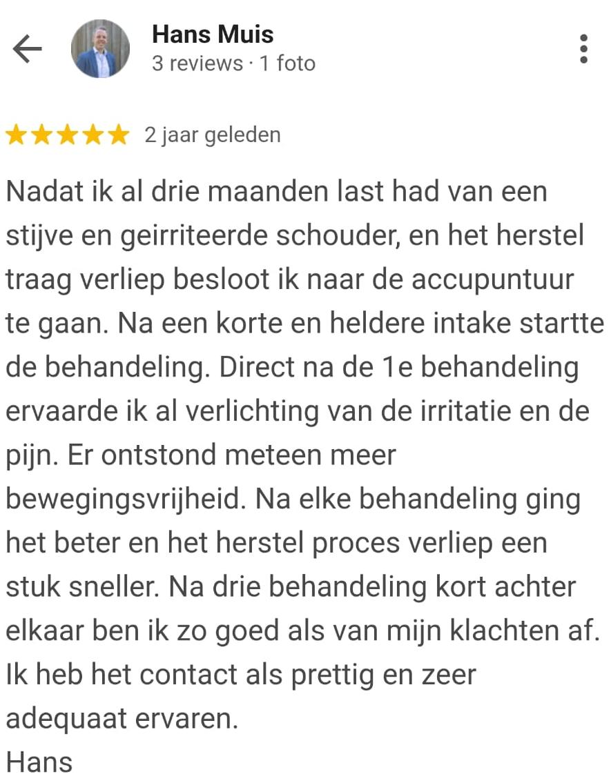 Google-review van Hans Muis over schouderklachten
