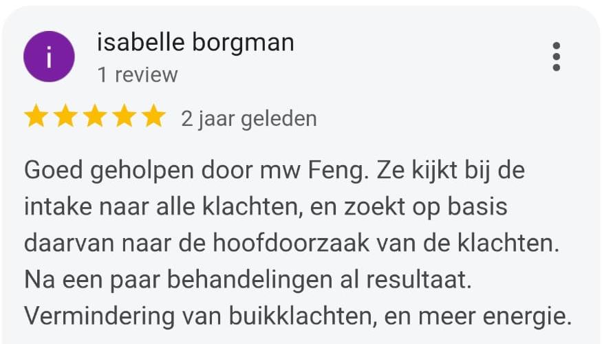 Google-review van Isabelle Borgman over buikklachten en energie
