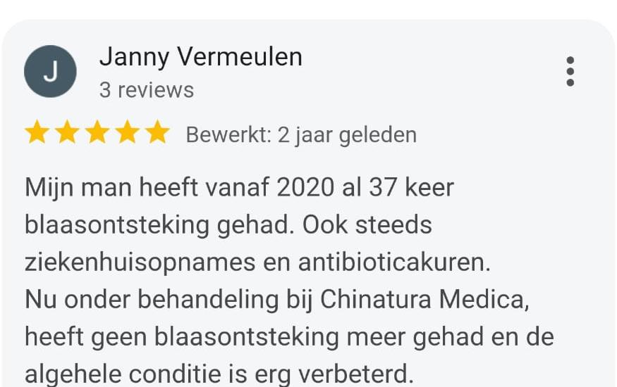 Google-review van Janny Vermeulen over terugkerende blaasontsteking